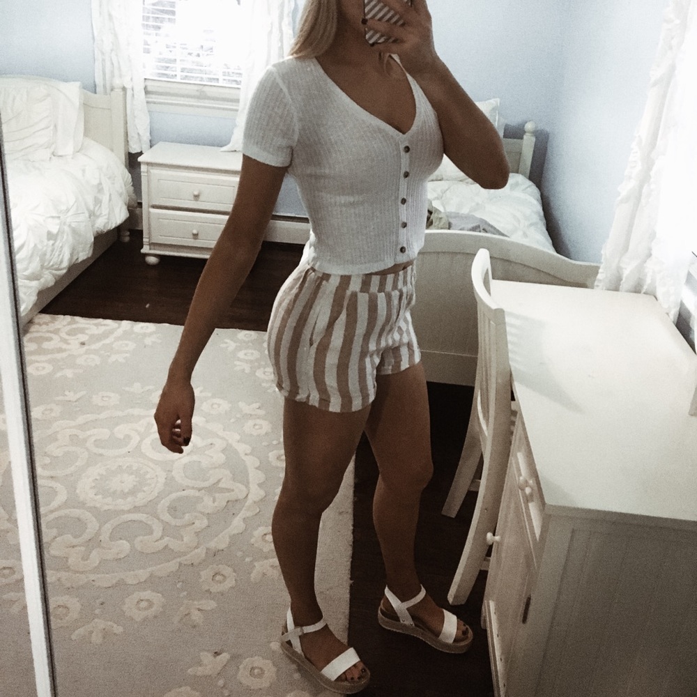 tan and white striped shorts